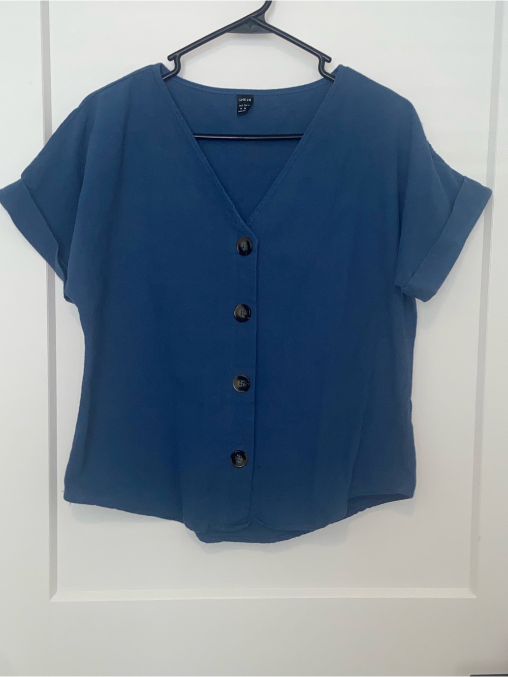 Blue Button-Front V-Neck Top